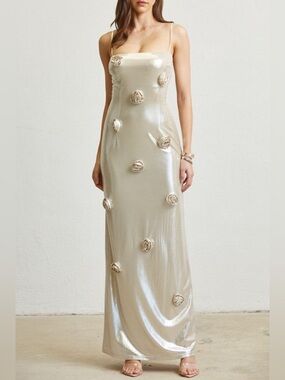 NWT Blithe LA Large Pearl Satin Maxi Slip Dress with Rosette Accents